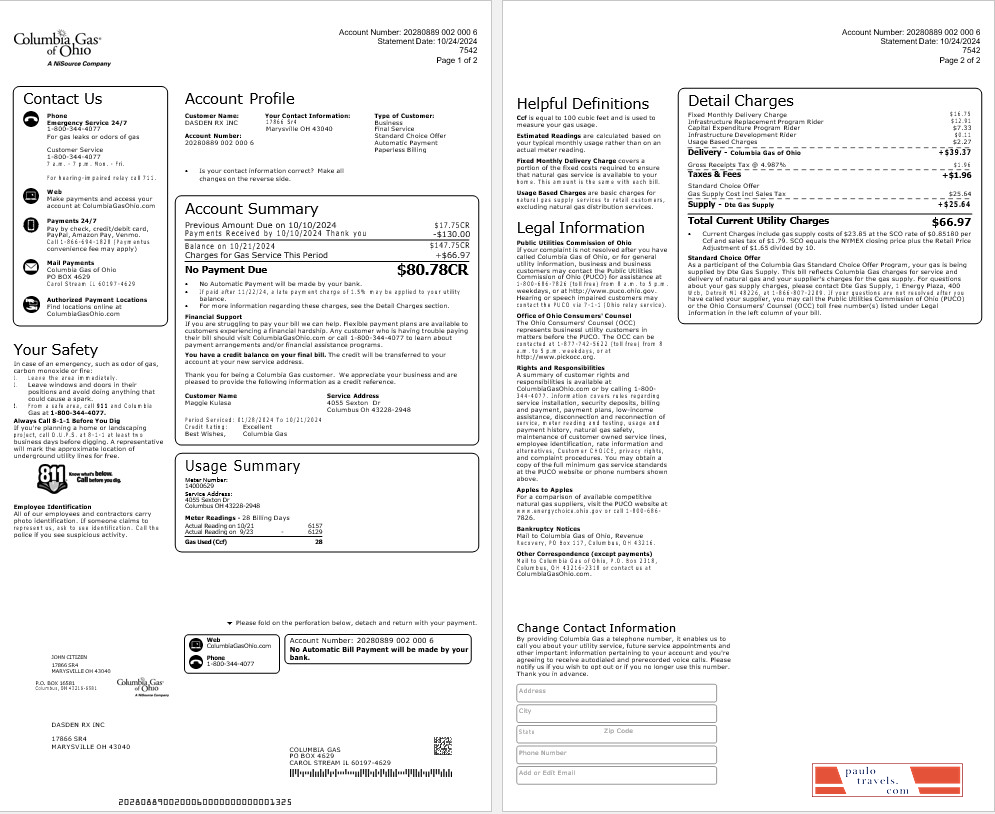 USA COLUMBIA GAS OF OHIO business utility bill Word and PDF template PSD template
